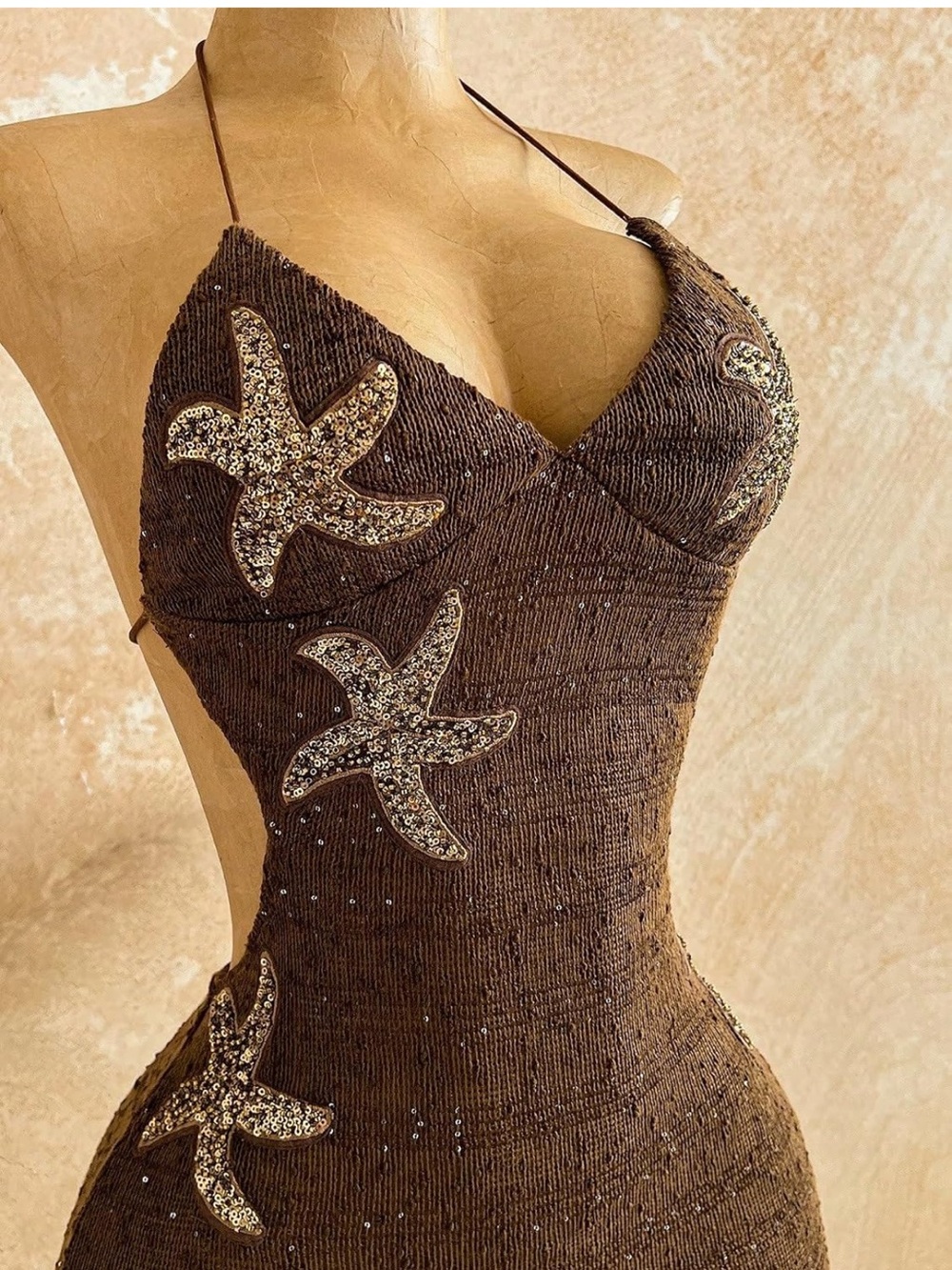 Amazon Brown Sequin Starfish Halter Mini Dress